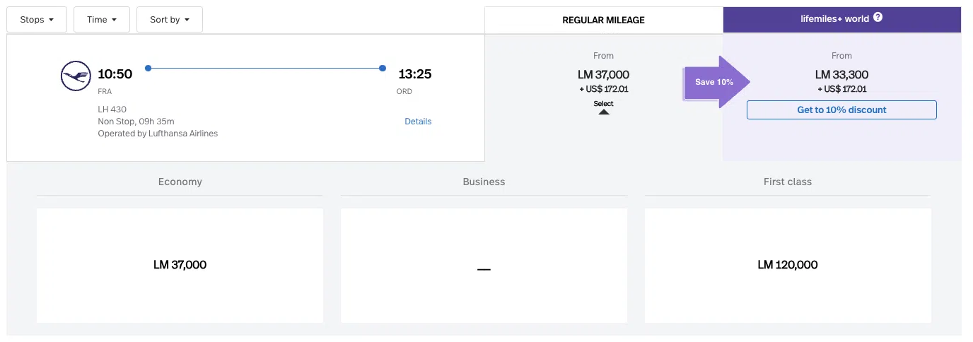 LifeMiles award on Lufthansa from FRA-ORD for 120,000 miles in first class